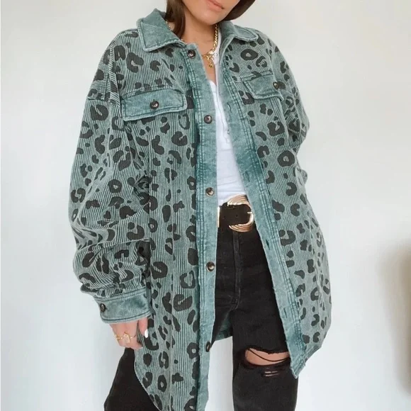 Corduroy Leopard Shacket Oversized | Blue & Black - Picture 1 of 5